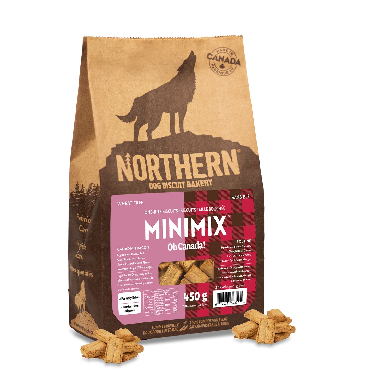 Oh Canada mini dog biscuits-product photo with left view